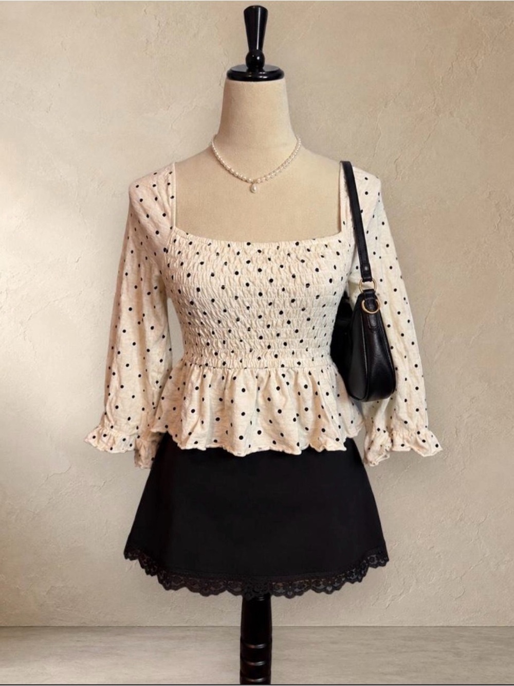 American Eagle Outfitters Cream Polka Dot Smocked Peplum Top